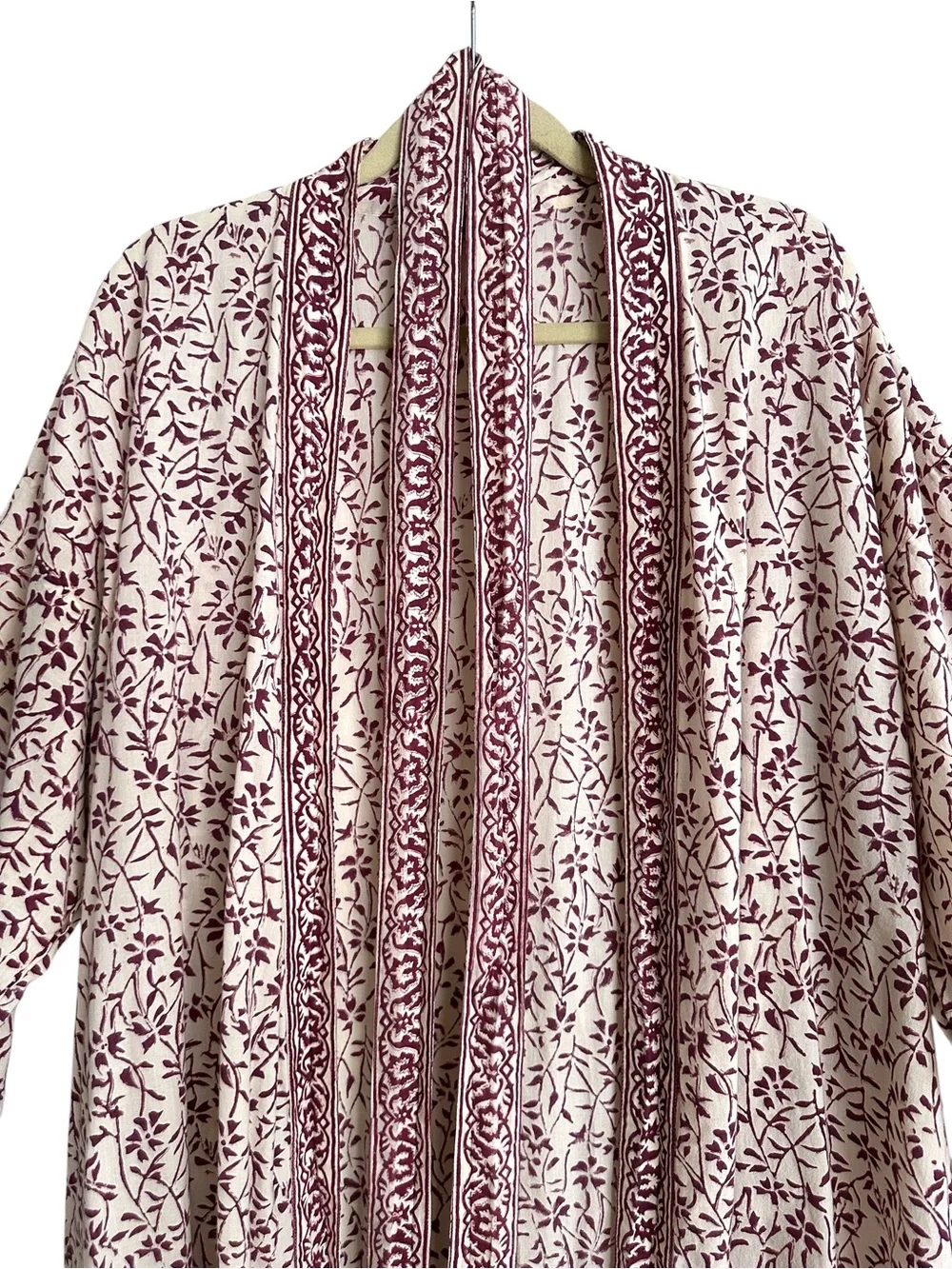 ANOKHI Cotton Block Print Kimono Robe Free Size Boho Burgundy Floral Loungewear